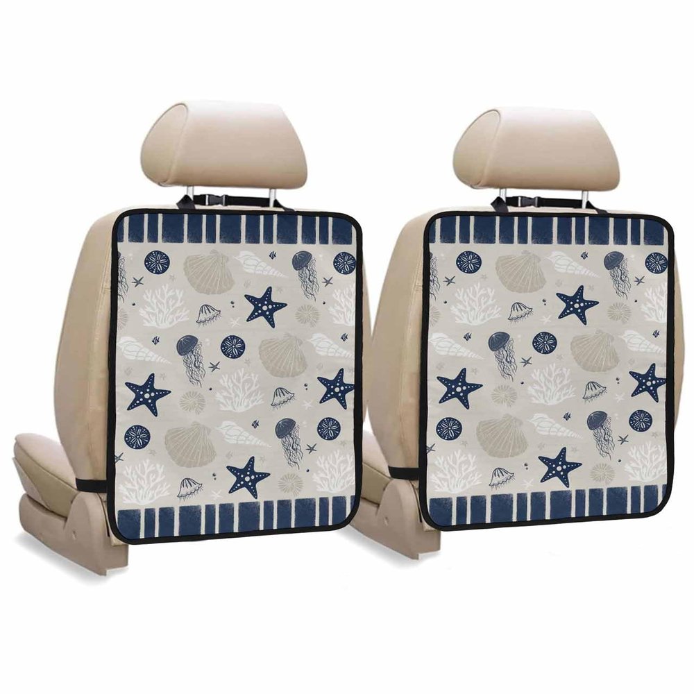 Car Seat Protector, 2 Pack Kick Mats Back Seat Protector Retro Navy Blue and Brown Starfish Seashell Jellyfish Coral Waterproof Backseat Cover for Kids Universal Fit Automotive Interior Protectors