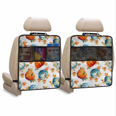 Car Seat Protector, 2 Pack Kick Mats with Organizer - 3 Pocket Storage, Fall Thanksgiving Orange Blue Pumpkins Maple Leaf White Back Seat Cover for Kids Universal Fit Automotive Interior Protectors