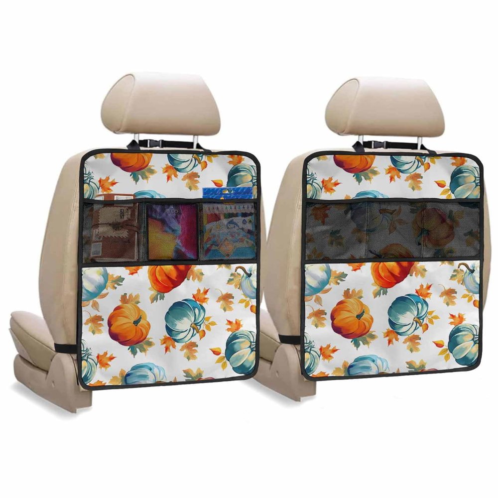 Car Seat Protector, 2 Pack Kick Mats with Organizer - 3 Pocket Storage, Fall Thanksgiving Orange Blue Pumpkins Maple Leaf White Back Seat Cover for Kids Universal Fit Automotive Interior Protectors