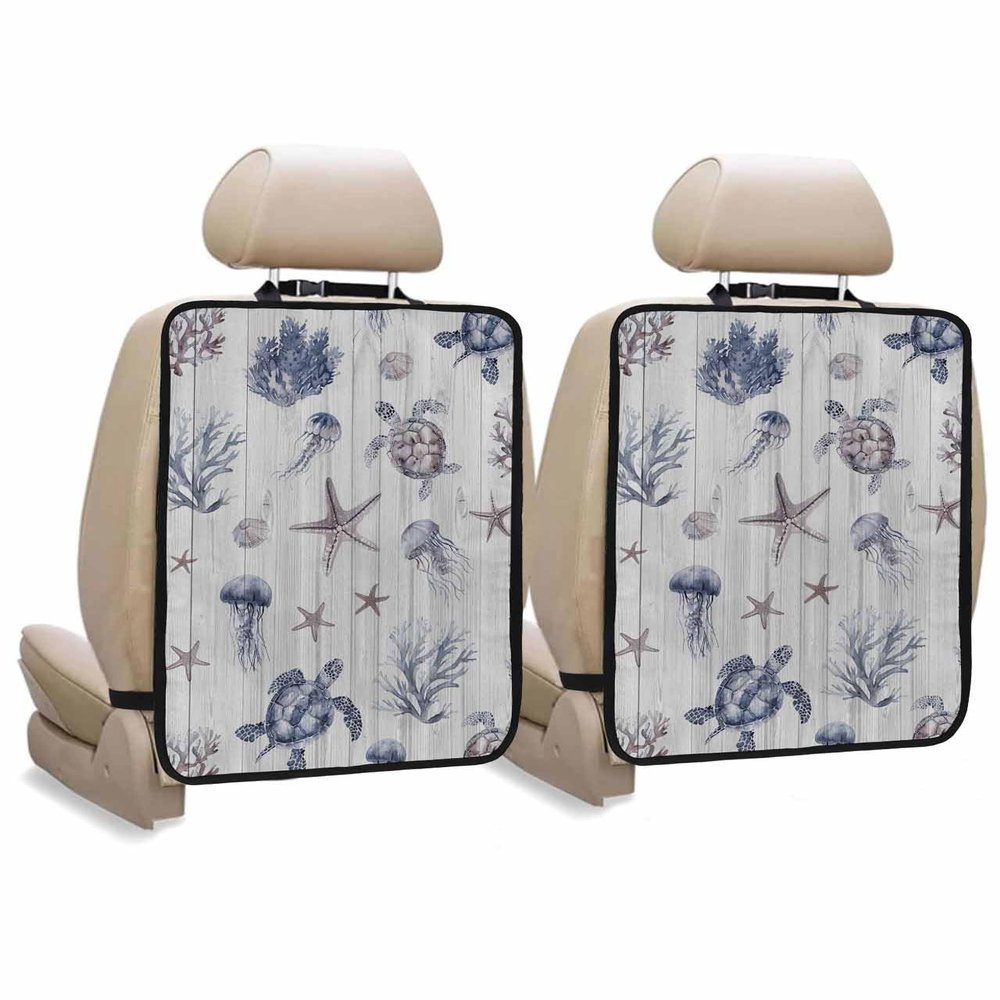 Car Seat Protector, 2 Pack Kick Mats Back Seat Protector Ocean Turtle Starfish Jellyfish Coral Rustic Wood Grain Waterproof Backseat Cover for Kids Universal Fit Automotive Interior Protectors