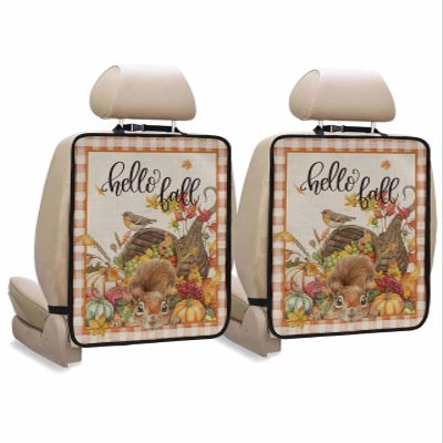 Car Seat Protector, 2 Pack Kick Mats Back Seat Protector Fall Thanksgiving Day Pumpkins Squirrel Grapes Buffalo Plaid Waterproof Backseat Cover for Kids Universal Fit Automotive Interior Protectors