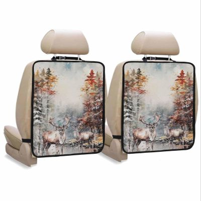 Car Seat Protector, 2 Pack Kick Mats Back Seat Protector Christmas Elk Snow Covered Forest Snowscape Watercolor Waterproof Backseat Cover for Kids Universal Fit Automotive Interior Protectors