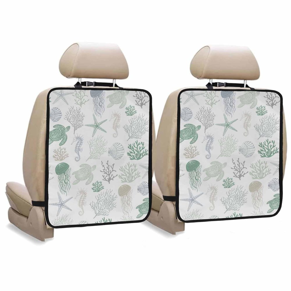 Car Seat Protector, 2 Pack Kick Mats Back Seat Protector Summer Ocean Creature Sea Turtle Coral and Shell Green Waterproof Backseat Cover for Kids Universal Fit Automotive Interior Protectors