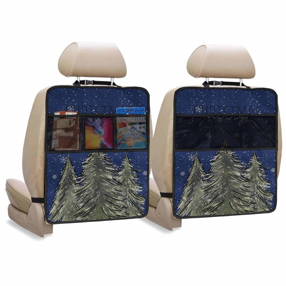Car Seat Protector, 2 Pack Kick Mats with Organizer - 3 Pocket Storage, Merry Christmas Christmas Tree Snowflakes Dark Blue Back Seat Cover for Kids Universal Fit Automotive Interior Protectors