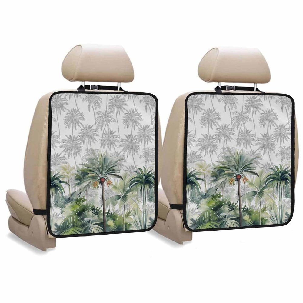 Car Seat Protector, 2 Pack Kick Mats Back Seat Protector Summer Green and Grey Palm Tropical Plants Hand Painting Waterproof Backseat Cover for Kids Universal Fit Automotive Interior Protectors