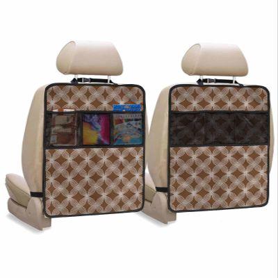 Car Seat Protector, 2 Pack Kick Mats with Organizer - 3 Pocket Storage, Modern Abstract Geometric Khaki Vintage Geometric Pattern Back Seat Cover for Kids Universal Fit Automotive Interior Protectors