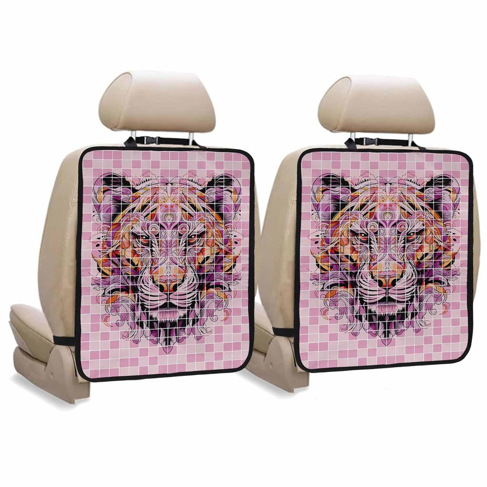 Car Seat Protector, 2 Pack Kick Mats Back Seat Protector Pink Tiger Head Pink Buffalo Plaid Waterproof Backseat Cover for Kids Universal Fit Automotive Interior Protectors