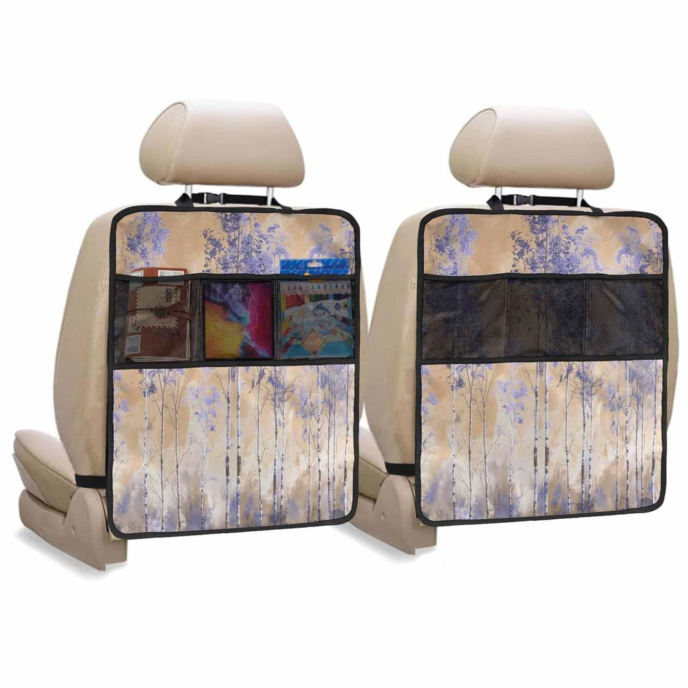 Car Seat Protector, 2 Pack Kick Mats with Organizer - 3 Pocket Storage, Purple Trees Forest Impressionist Oil Painting Art Back Seat Cover for Kids Universal Fit Automotive Interior Protectors
