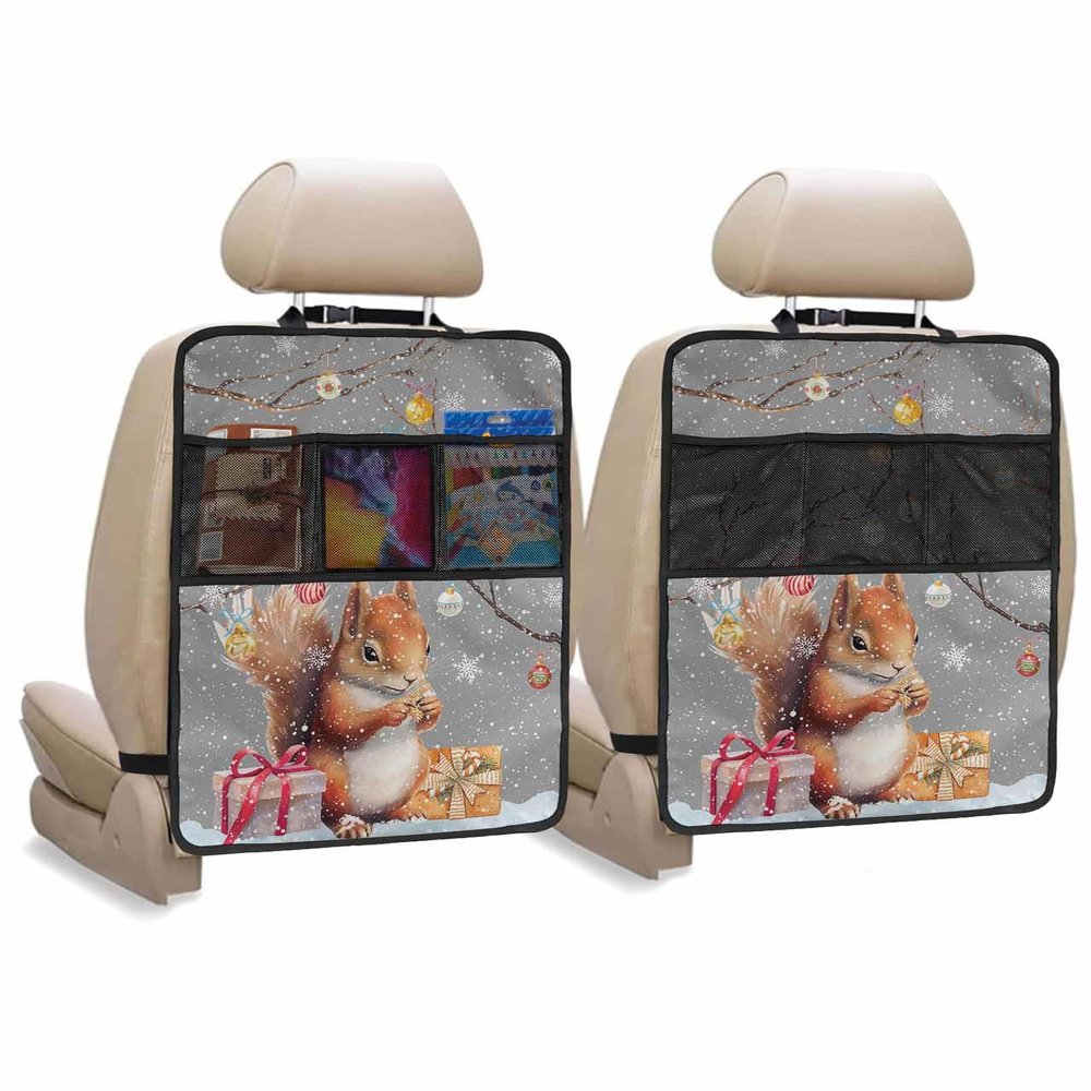 Car Seat Protector, 2 Pack Kick Mats with Organizer - 3 Pocket Storage, Grey Christmas Squirrel with Gifts Xmas Balls Linen Back Seat Cover for Kids Universal Fit Automotive Interior Protectors