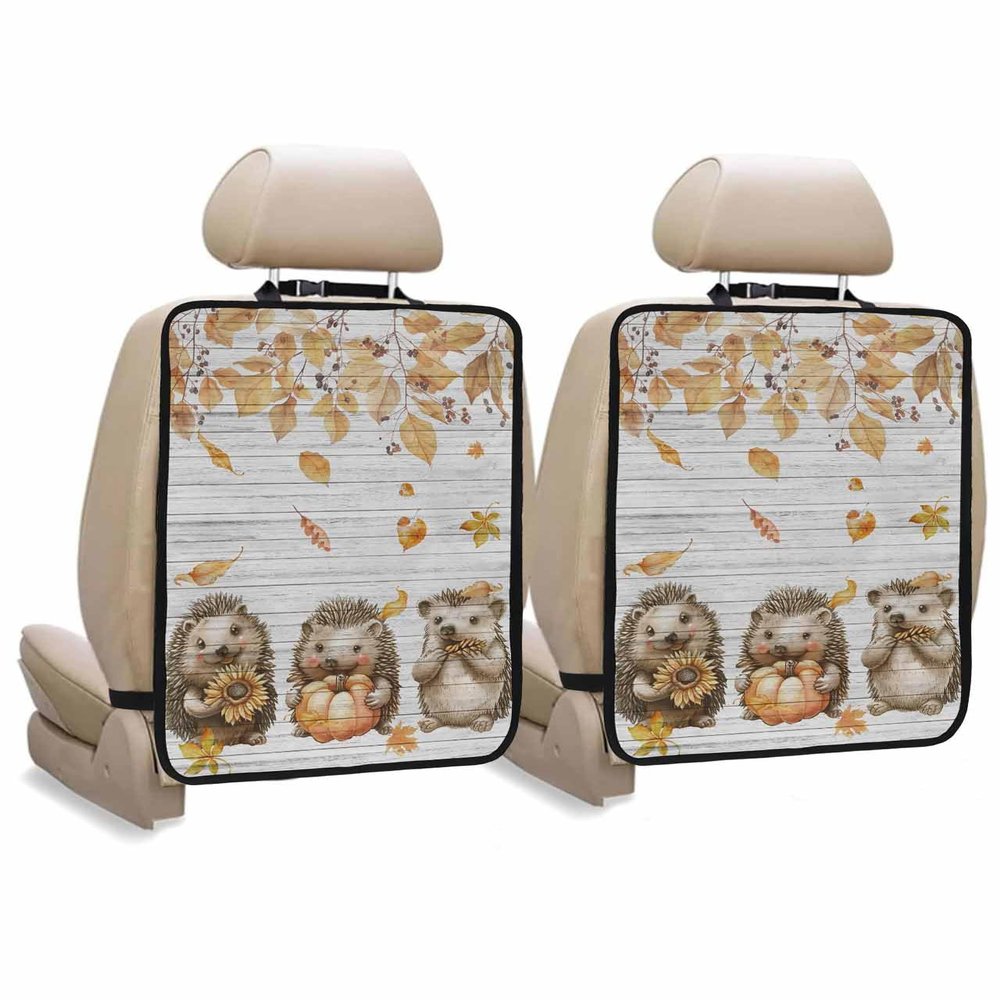 Car Seat Protector, 2 Pack Kick Mats Back Seat Protector Fall Cute Hedgehogs Sunflower Pumpkin Leaves Wood Plaid Waterproof Backseat Cover for Kids Universal Fit Automotive Interior Protectors