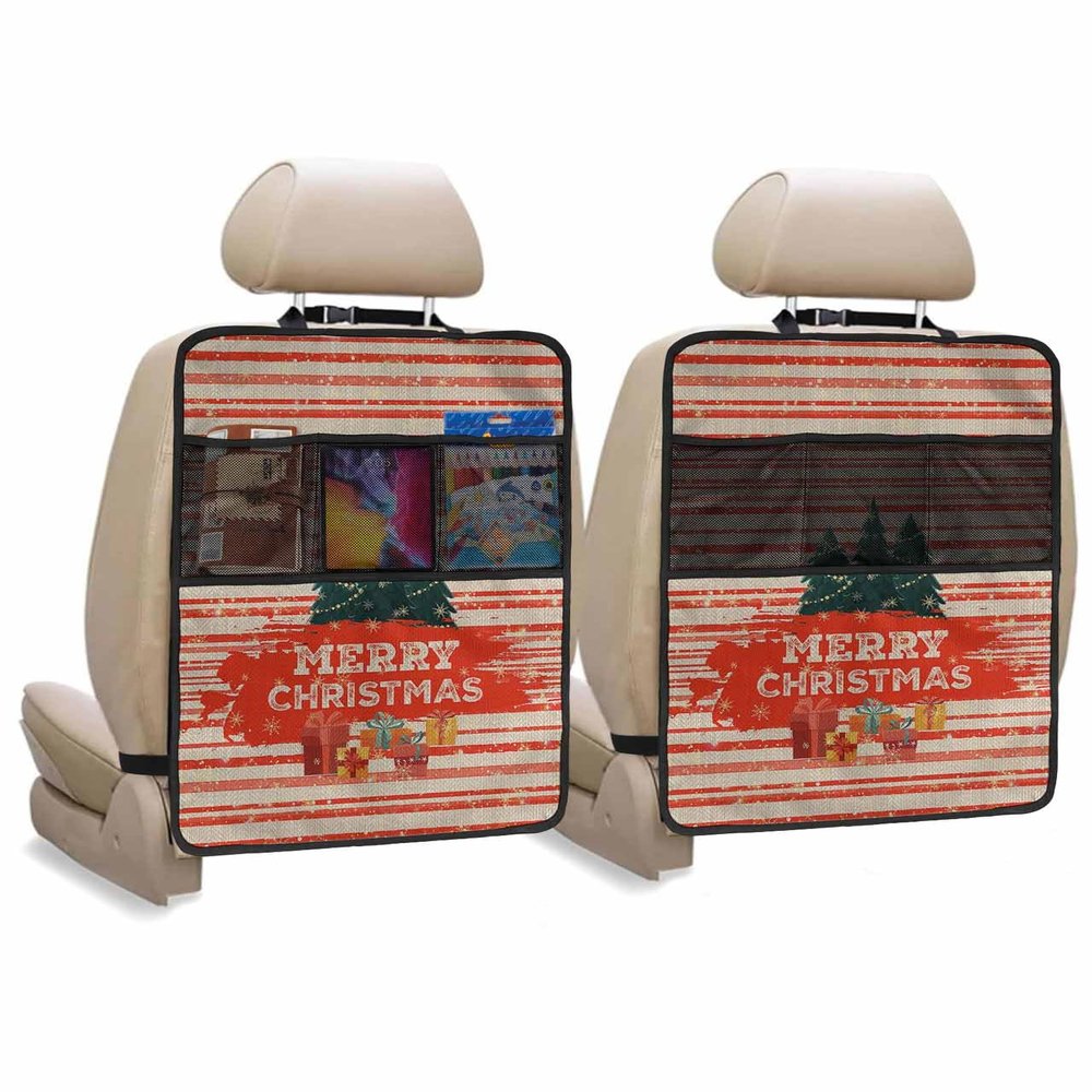 Car Seat Protector, 2 Pack Kick Mats with Organizer - 3 Pocket Storage, Merry Christmas Xmas Tree Gifts Red Striped Retro Back Seat Cover for Kids Universal Fit Automotive Interior Protectors