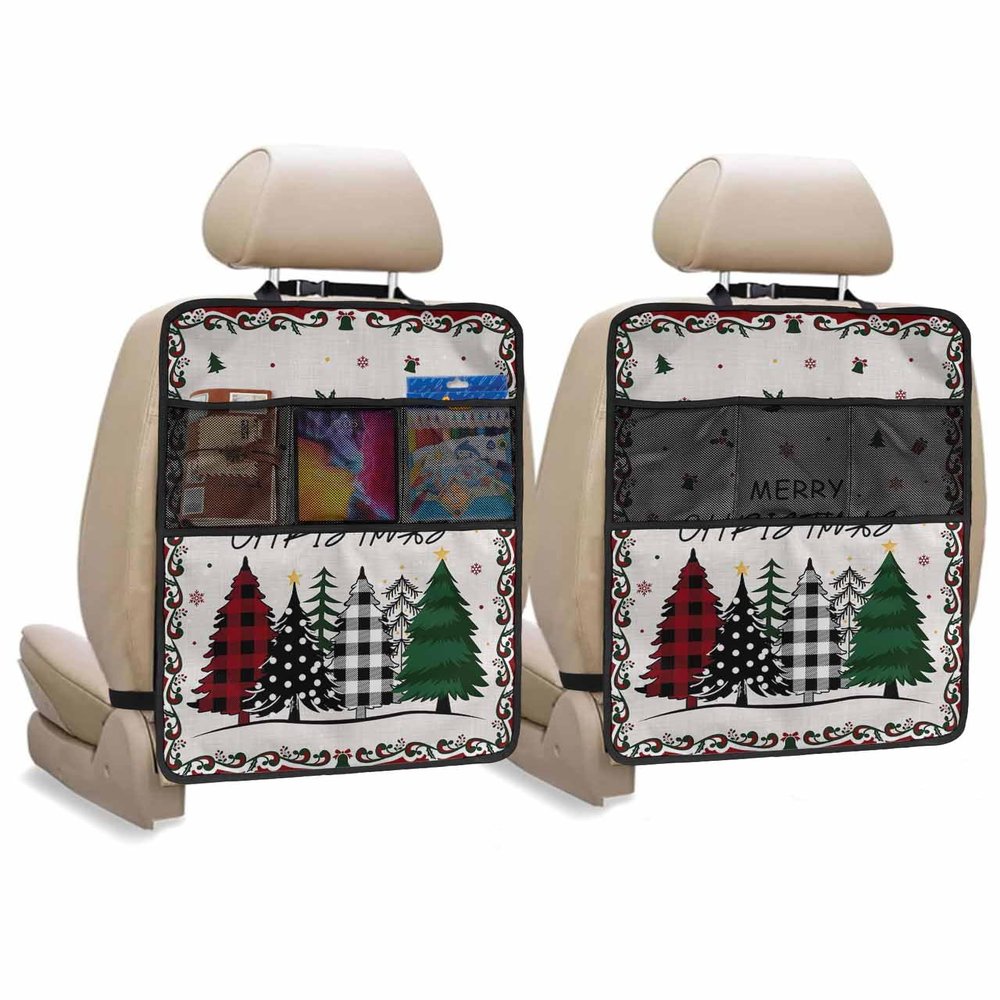 Car Seat Protector, 2 Pack Kick Mats with Organizer - 3 Pocket Storage, Merry Christmas Green Black Xmas Tree Red Floral Border Back Seat Cover for Kids Universal Fit Automotive Interior Protectors