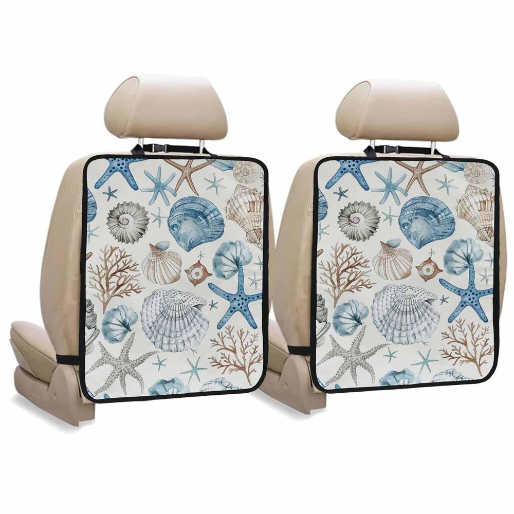 T&H XHome Car Seat Protector, 2 Pack Kick Mats Back Seat Protector Summer Ocean Blue and Brown Starfish Seashell Coral Waterproof Backseat Cover for Kids Universal Fit Automotive Interior Protectors