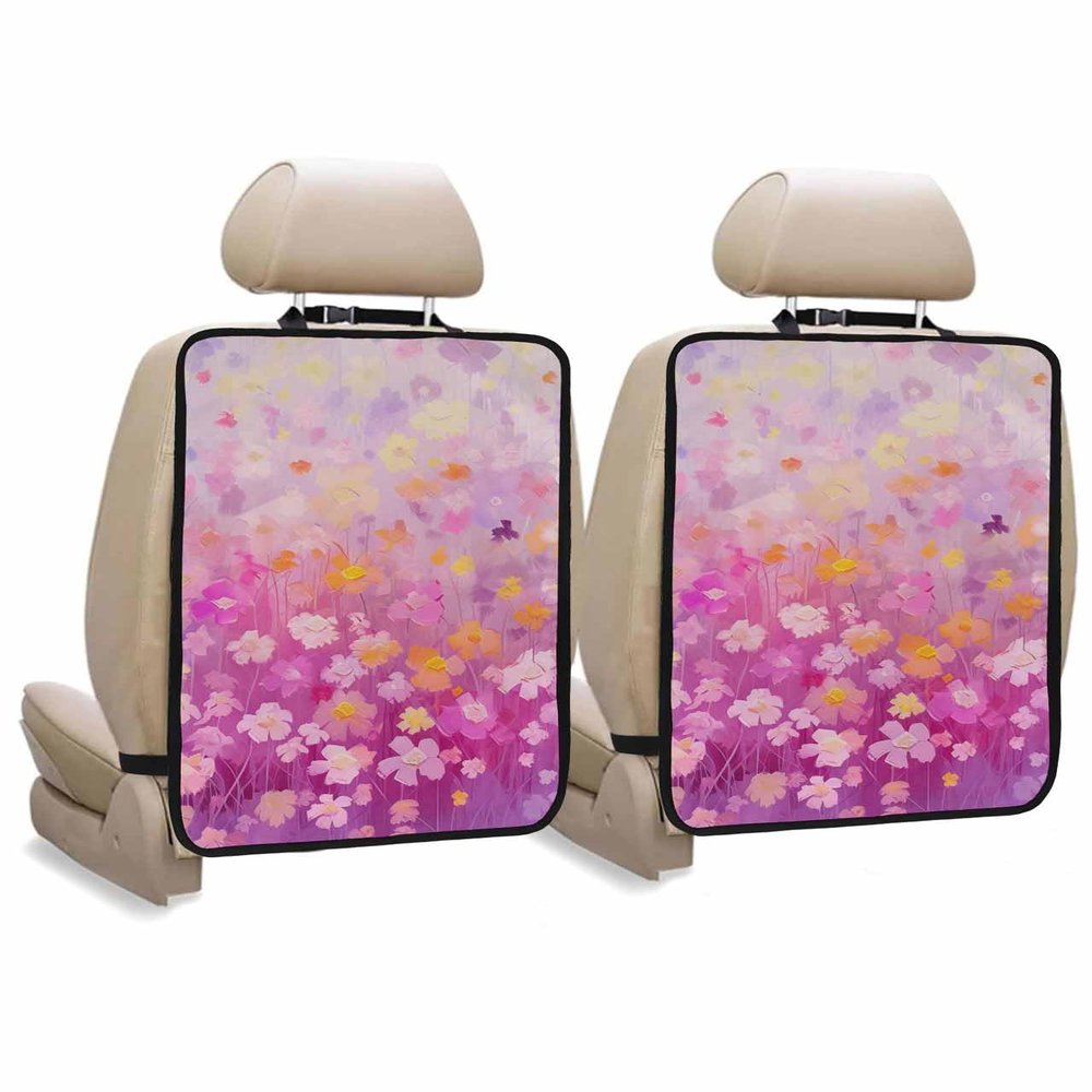 Car Seat Protector, 2 Pack Kick Mats Back Seat Protector Spring Flowers Chrysanthemum Oil Painting Gradient Purple Waterproof Backseat Cover for Kids Universal Fit Automotive Interior Protectors