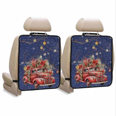 Car Seat Protector, 2 Pack Kick Mats Back Seat Protector Christmas Red Truck Poinsettia Flower Balls Blue Linen Waterproof Backseat Cover for Kids Universal Fit Automotive Interior Protectors