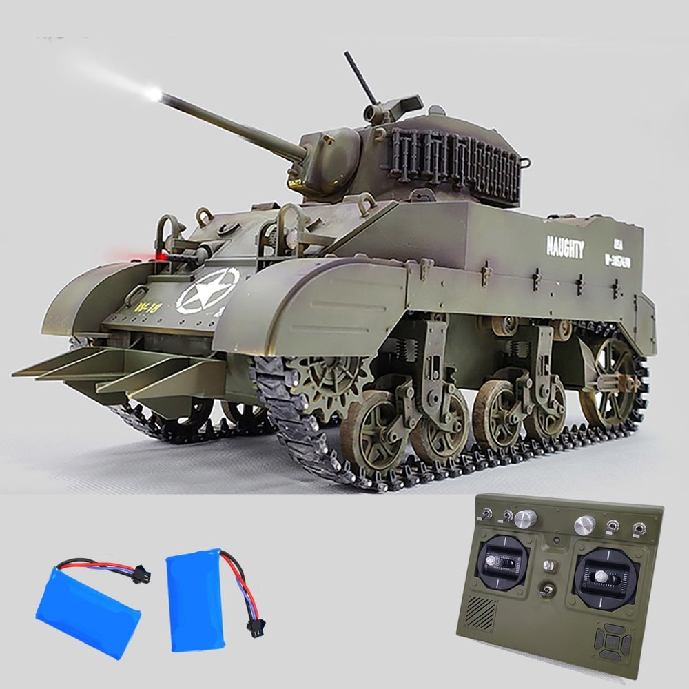 Ssccgym Remote Control Light Tank US M5A1 Stuart Tank 1/16 War RC Military Vehicle Simulation Smoke Barrel Lifting/Turret Rotation 360 Degrees/NO-Shooting/Collection Model / 2Batteries