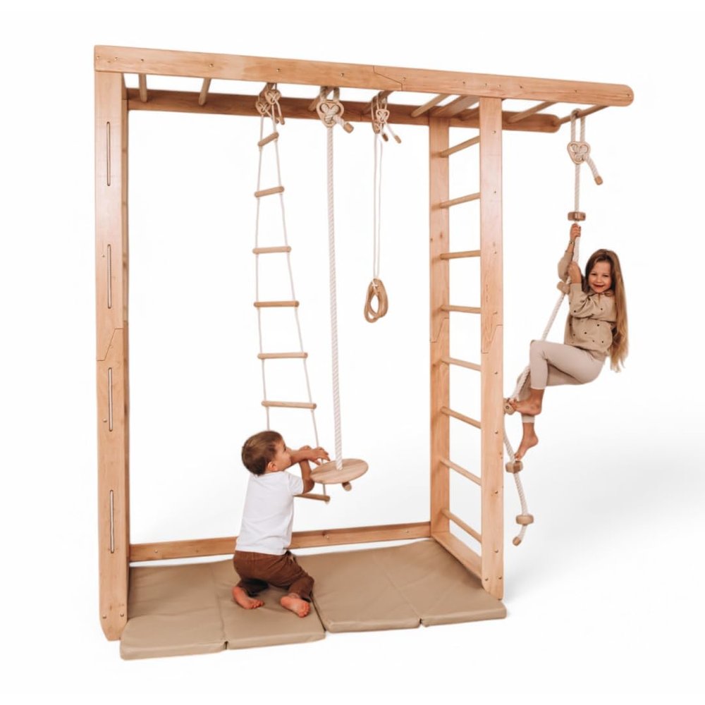 Wood And Hearts Swedish Ladder Indoor Kids Gym, Montessori Play Gym Climbing Set, Wooden Indoor Playground for Toddlers with Accessories (Without Wall Panels, Big Bridge)
