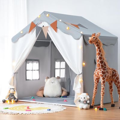 besrey Kids Tent, Kids Play Tent 2 in 1 with Padded Mat and Lights, Large Playhouse with 2 Doors & 4 Windows, Indoor & Outdoor, Halloween Toddler Playhouse, 51" x35" x 51" (Gray)