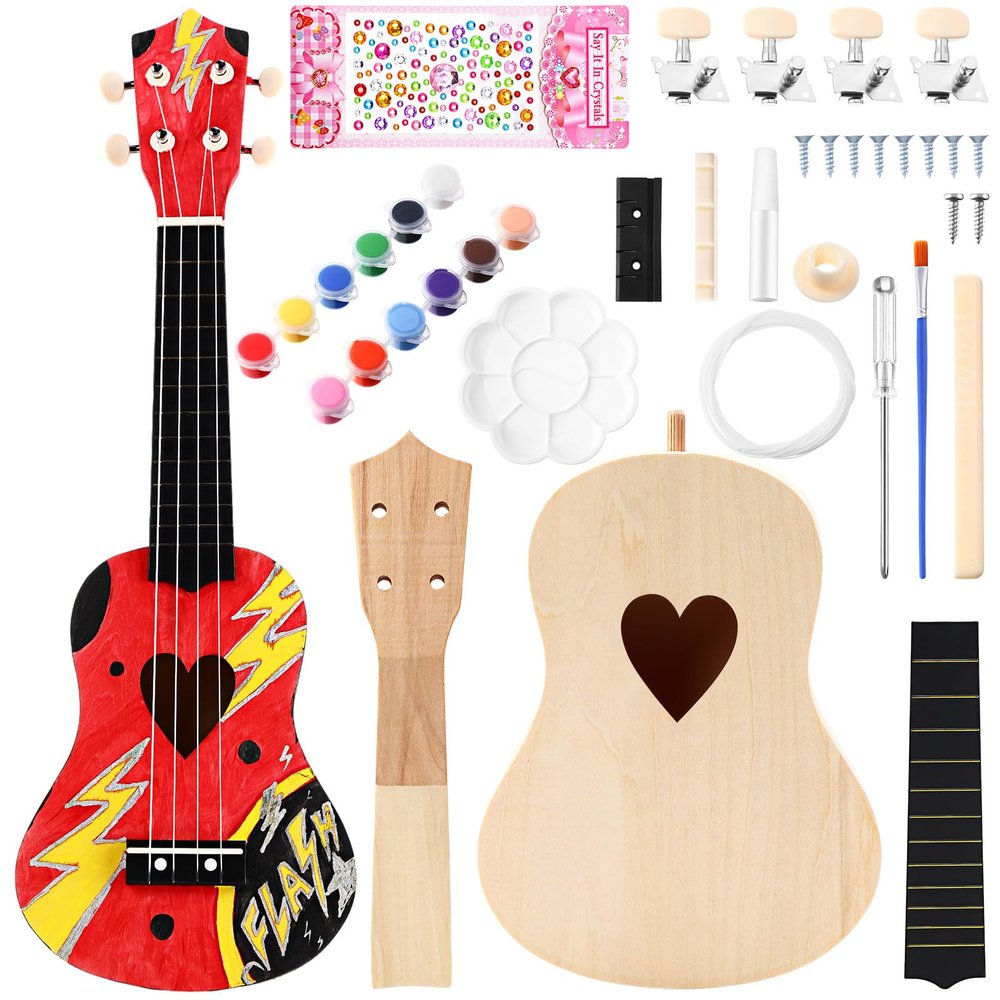 Boao DIY Guitar Kit 21 Inch Make Your Own Ukulele DIY Kit with Installation Tools Soprano Guitar Build Craft Unfinished Wooden Ukulele Crafts for Amateur Beginner(Heart)