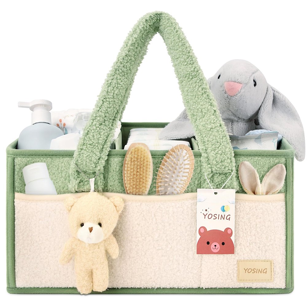 YOSING Diaper Caddy Organizer with 13 Pockets & Removable Dividers - Portable Baby Storage Basket for Nursery, Car Travel & Newborn Essentials, Green+ White