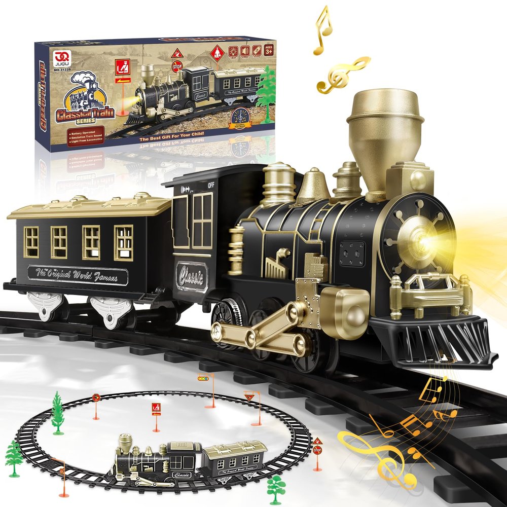 JQ JUQU Electric Train Set for Kids Ages 4-8, Complete Toy Train with Locomotive, Cars & Tracks, LED Lights & Sounds for Indoor Railway Play