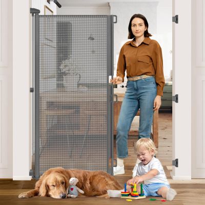 65 Extra Tall Pet Gate Indoor Gate 55 Wide Baby Gate Retractable Dog Gate Outdoor Gates for Decks Retractable Baby Gates for Doorways Tall Dog Gate for Front Door Mesh Gates for Kids or Pets, Gray