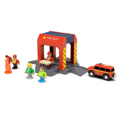 Wooden Train Track Expansion Pack, Train Accessories of City Fire Station Compatible for All Major Brands Train Set, Train Toys Railway System for Kids Ages 3 and Up.