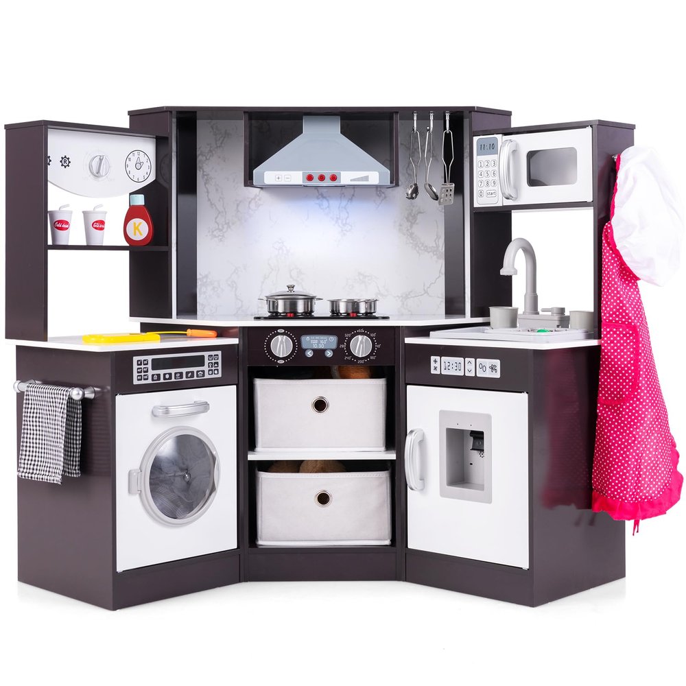HONEY JOY Corner Kids Kitchen Playset, Wooden Play Kitchen for Toddlers, Range Hood, Water Circulation, Water Dispenser, Storage Box, Little Chef Pretend Toy Kitchen Set w/Lights & Sounds, Coffee