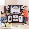 HONEY JOY Corner Kids Kitchen Playset, Wooden Play Kitchen for Toddlers, Range Hood, Water Circulation, Water Dispenser, Storage Box, Little Chef Pretend Toy Kitchen Set w/Lights & Sounds, Coffee view 2