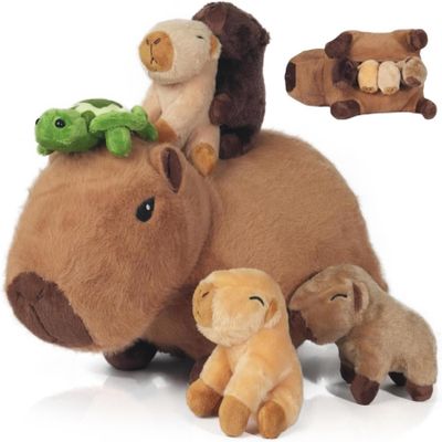 6 in 1 Capybara Plush Large Capybara Stuffed Animal with Babies Inside, 14.2" Mommy Stuffed Capybara Plush Pillow with Turtle 4 Baby Capibaras Peluches Plushies Toys for Kids Birthday Valentines Gifts