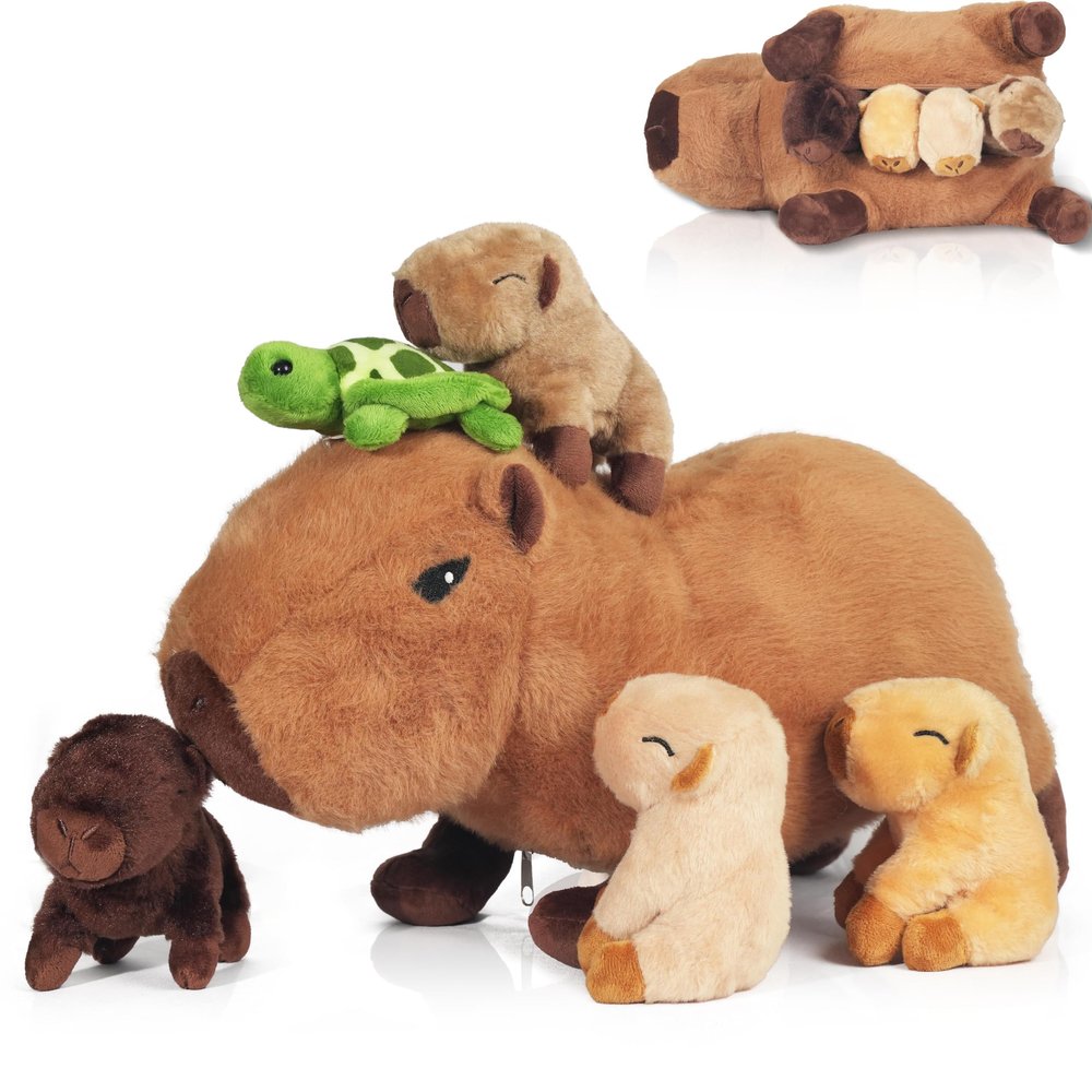 5 in 1 Capybara Plush, 14.2" Capybara Stuffed Animal with Babies Inside, Mommy Stuffed Capybara Plushies Pillow Toys with 4 Baby Capibaras Peluches for Kids Valentines Birthday Gifts Party Favors