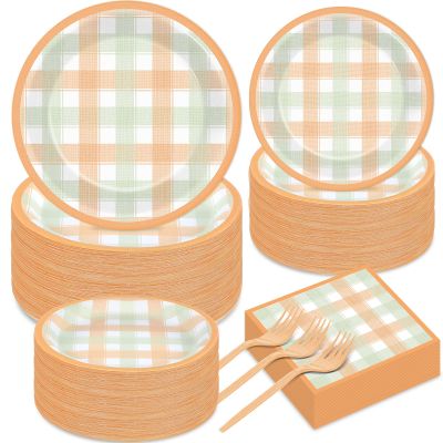 200PCS Fall Thanksgiving Tableware Set Party Decorations Thanksgiving Plaid Plates Napkins Forks Dinnerware Set for 50 Guests Disposable Fall Dinner Plates Party Supplies Happy Harvest Dessert Plates