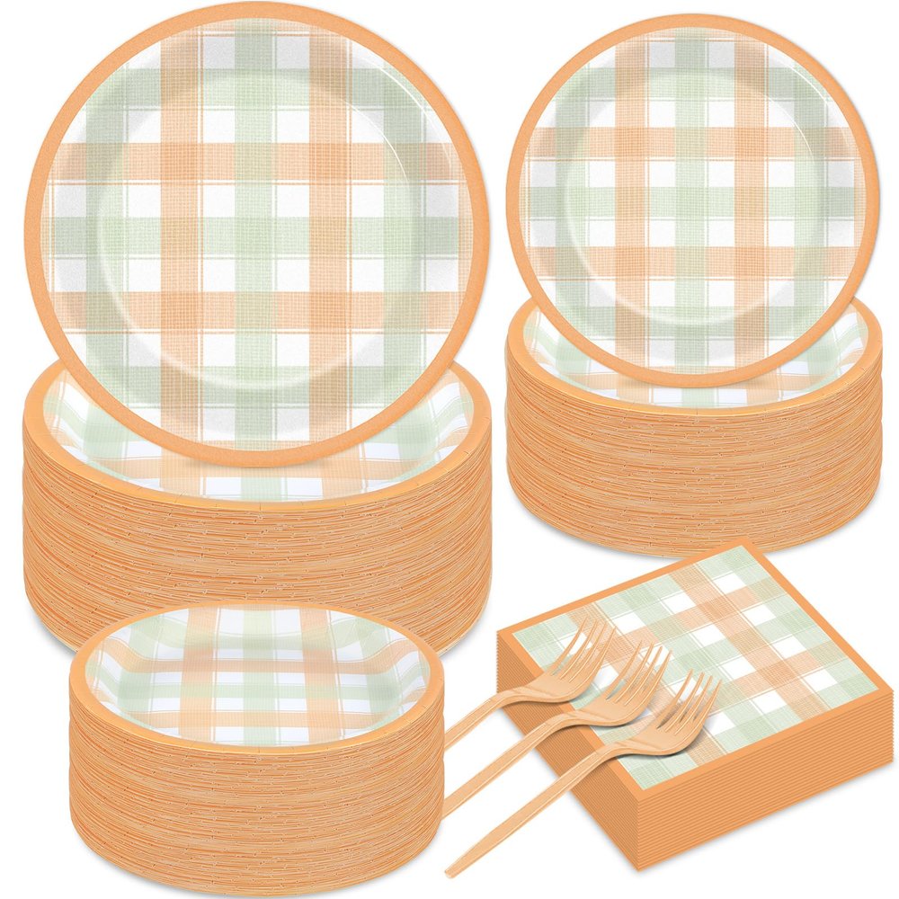 200PCS Fall Thanksgiving Tableware Set Party Decorations Thanksgiving Plaid Plates Napkins Forks Dinnerware Set for 50 Guests Disposable Fall Dinner Plates Party Supplies Happy Harvest Dessert Plates