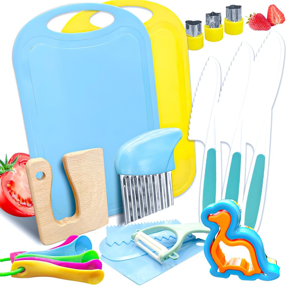 20PCS Kids Knife Set for Real Cooking, Child-Friendly Plastic Toddler Kitchen Tools, Montessori Kids Cooking Sets with Cutting Board Crinkle Cutters, Gifts Toys for 3 4 5 6 7 8 9 10 Year Old