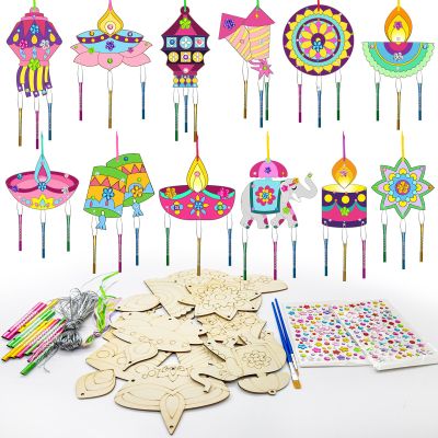 12 Pack Happy Diwali Wind Chime Kit Festival of Lights Deepavali Hanging Decoration Wooden Paint Arts Ornaments Classroom DIY Coloring Craft for Indian New Year Party Favors Activity Supplies
