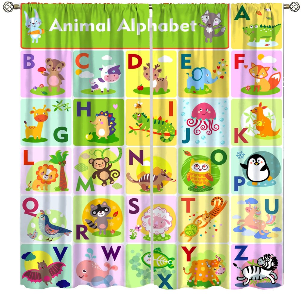 ABC Alphabet Curtains for Kids Bedroom, Colorful Cute Cartoon English Letters Funny Animals Window Treatments Drapes for Boys Children Toddler Nursery Playroom Curtains 63" W X 72" L