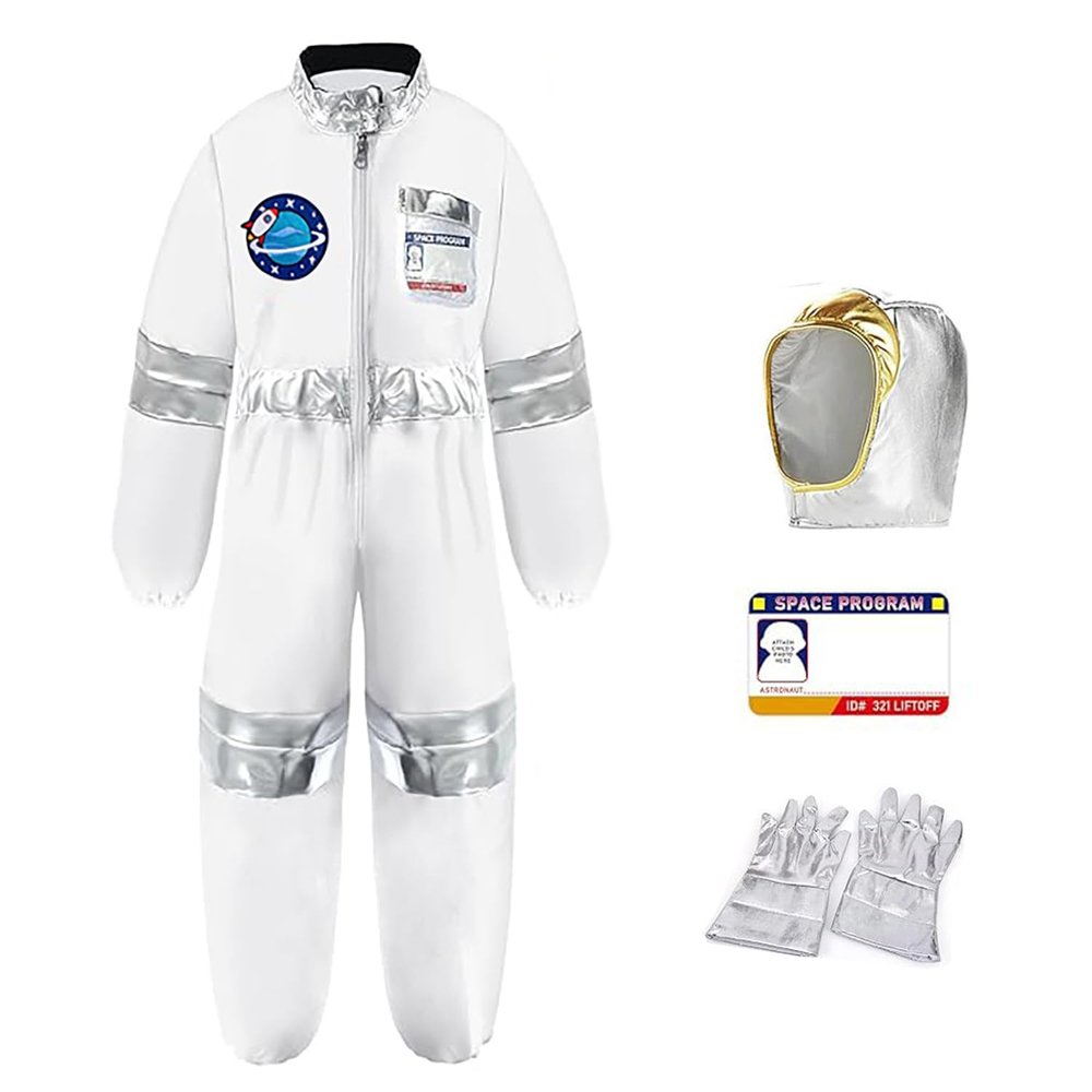 EVGVAT Kids Astronaut Costume for Boys Girls Halloween Space Jumpsuit (White, 9-10Years)