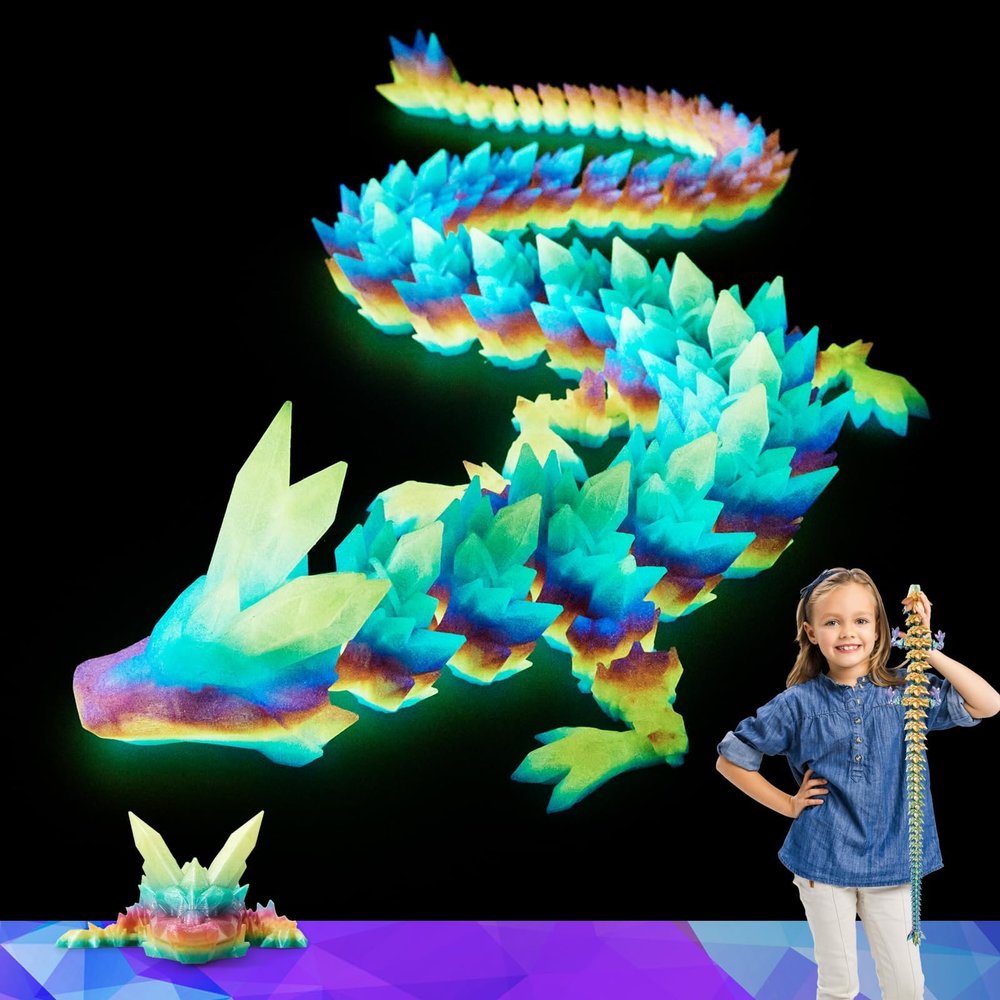 HyBaiS 24 inch Large 3D Printed Dragon Glow in The Dark,3D Dragons Figurine Toy,Big 3D Printed Toys,Easter Stuffer Gift for Kids 5-7,Desk and Home Decor(Luminous Rainbow)