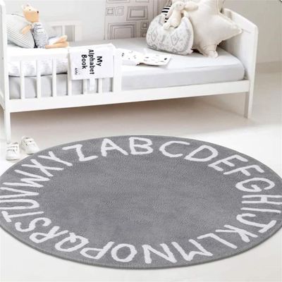 ABC Kids Round Rugs 4.6ft Toddler and Infant Toddler Floor Mats Alphabet Learning Rugs Soft Durable Non-Slip Play Mats Nursery Area Rugs Grey and White Alphabet Bedroom Round Rugs Children's Room Rugs