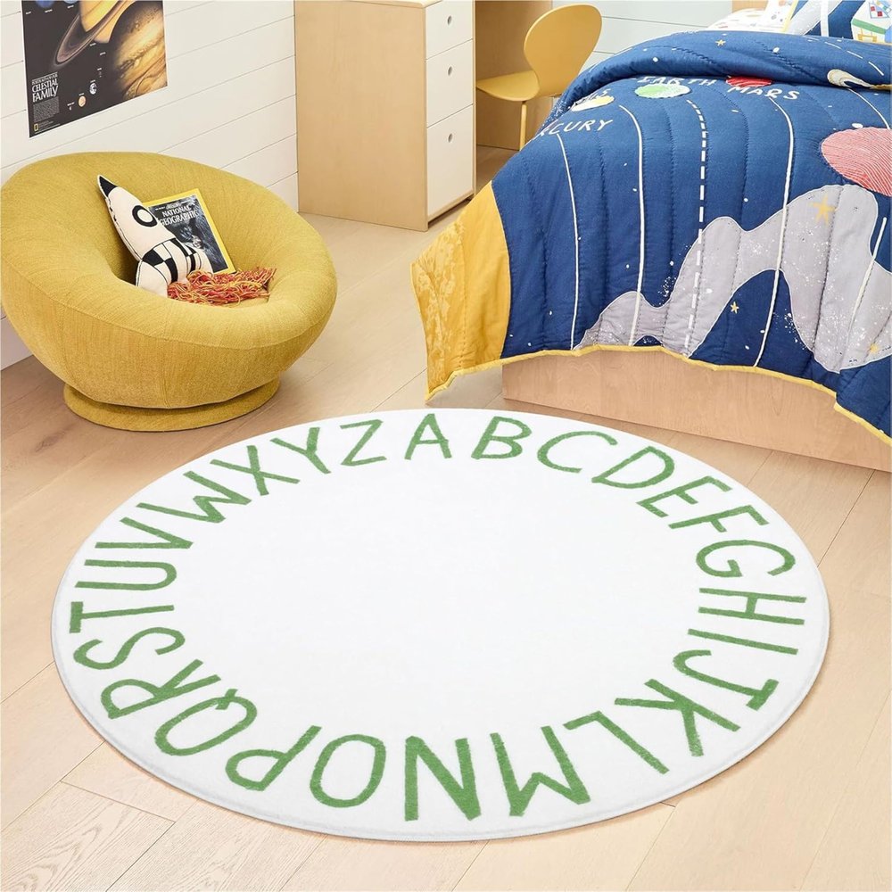 ABCKids Round Rugs 3.3ft Toddler and Infant Toddler Floor Mats Alphabet Learning Rugs Soft Durable Non-Slip Play Mats Nursery Area Rugs White and Green Alphabet Bedroom Round Rugs Children's Room Rugs
