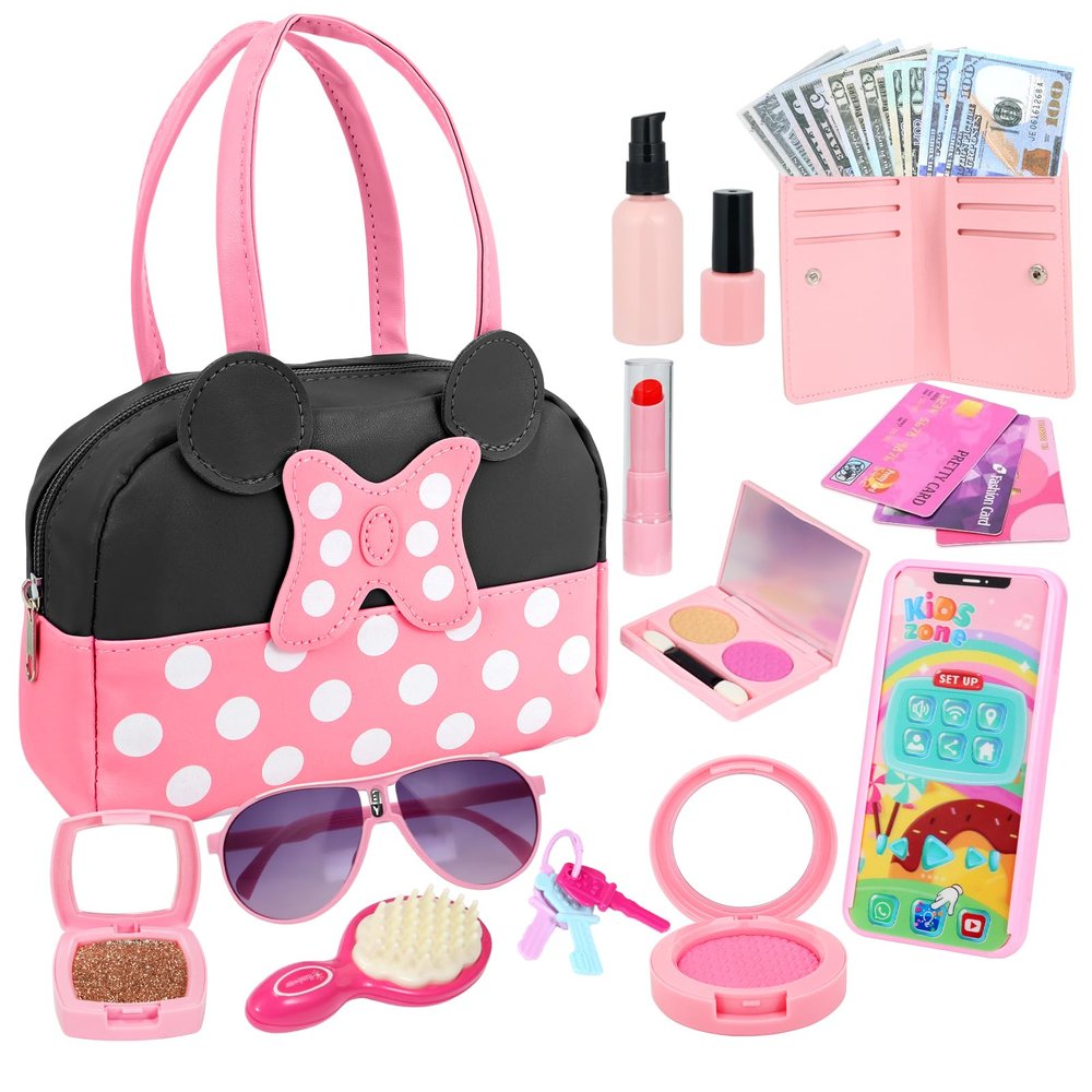 Pretend Play Purse for Little Girls, Toddler Purse with Pretend Makeup Toys for Toddlers, Princess Pretend Play Purse Toys with Accessories, Kids Purse Toy Birthday Gift for Girls Age 3 4 5 6+
