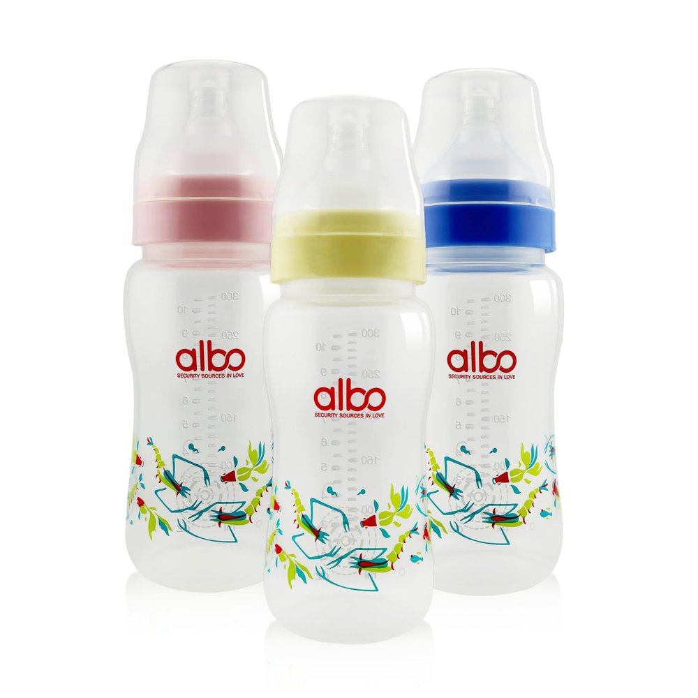 ALBO BABY- 6m+ ARC Type Natural Flow Anti-Colic Baby Feeding Bottle 10oz/300ML,3 Counts Variable Flow Frosted Nipples Wide Mouth Sippy Feeding Bottle Latex Free BPA Free