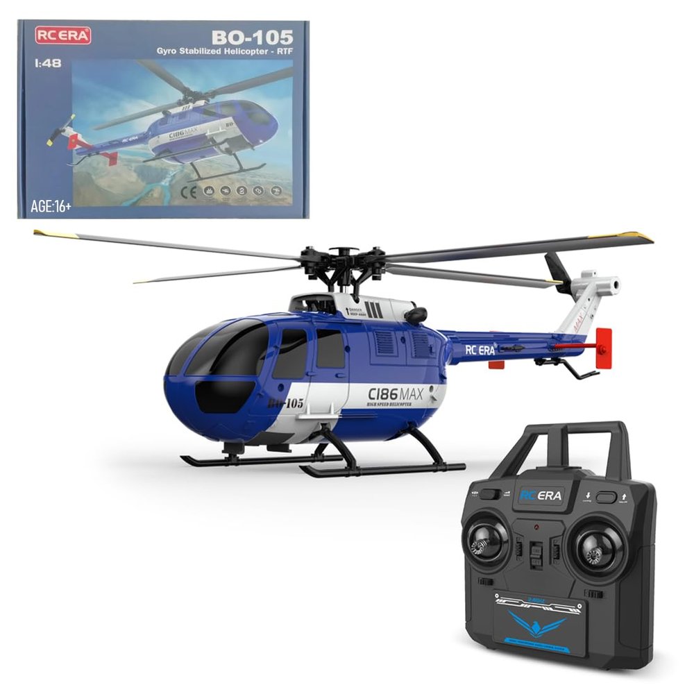 EnuoChbuild Remote Control Helicopter for Adult, C186 MAX BO105 Gunship Helicopter RC 4CH Single Flybarless Aircraft with 6-Axis Gyro - RTF Total Control Version