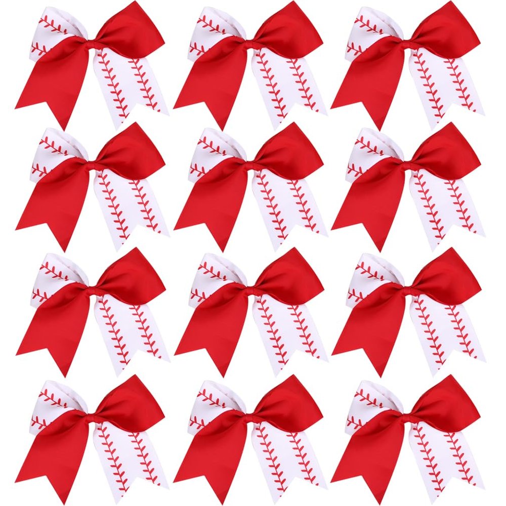 12 PCS Softball Baseball Cheer Bows, Sparkly Rugby Hair Bows with Elastic Hair Ties Accessories for Teens Girls Women Cheerleading Softball Competition Sports (White Red)