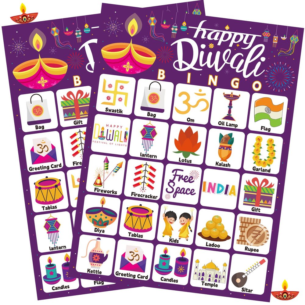 Fenkysoix Diwali Bingo Diwali Games with 24 Bingo Players Cards for Kids Adults Indian New Year Party Activities Favors Decorations