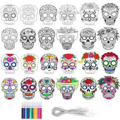 MineIdea 24 Pack Day of The Dead DIY Masks, Color You Own Sugar Skull Mask Painting Dia De Muertos Halloween Paper Masks with 12 Watercolor Pens and Elastic Headbands for Halloween Party, Crafts