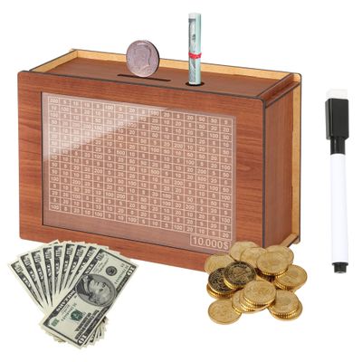 10,000 Savings Challenge BoxCash Vault Wooden Savings BoxCash Saver BoxCoin Counter Piggy BankWooden Piggy Bank Coin Bank with Counting Target,Wooden Coin Bank for Boys and Girls
