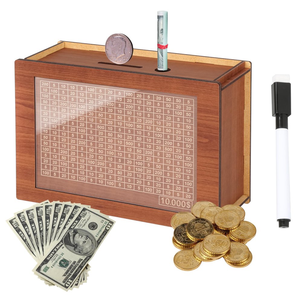 10,000 Savings Challenge BoxCash Vault Wooden Savings BoxCash Saver BoxCoin Counter Piggy BankWooden Piggy Bank Coin Bank with Counting Target,Wooden Coin Bank for Boys and Girls