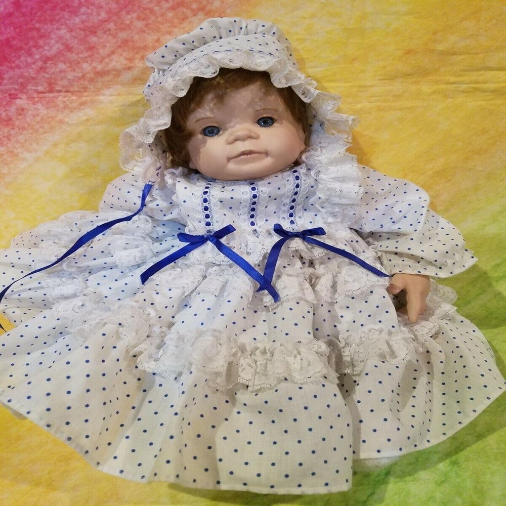 Baby Doll Beautiful Blue & White Gown. Big Heavy Doll