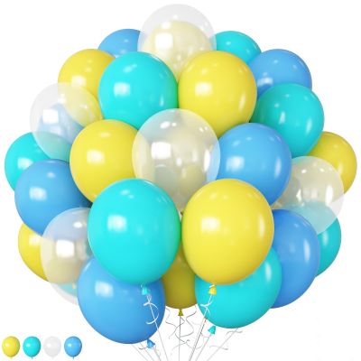 HILAVO Yellow Blue Clear Balloons 12 Inch 60 Pcs Blue Cartoon Balloon Teal Blue and Yellow Party Latex Balloons Transparent for Kids Birthday Ocean Baby Shower Party Decorations